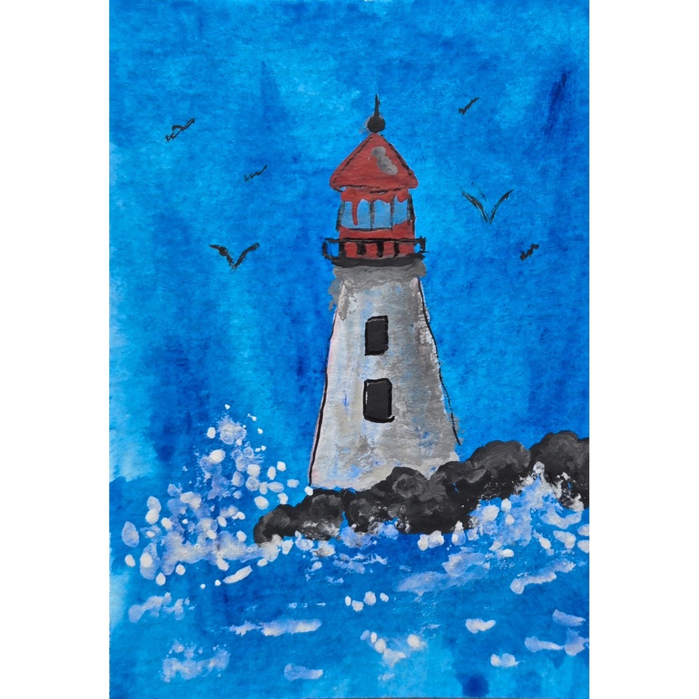 ACEO Lighthouse Original Acrylic Painting Art Waves Rock Sea Nautical Signed